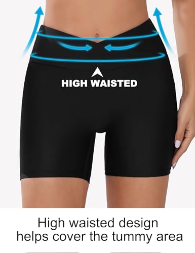 Women's 5" Swim Shorts High Waisted Swimsuit Bottoms Cross Waist Bathing Suit Shorts Built in Brief4