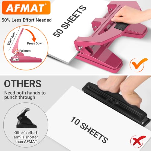 Image of AFMAT Heavy Duty 3 Hole Puncher, 50-Sheet Paper Punch Heavy Duty, 50% Reduced Effort Three Hole Punch, 10K+ Uses, Metal Hole Puncher 3 Ring w /Large Tray, Bulit-in S.S. Paper Guide HPX4