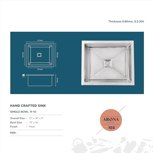Image of HAND MADE KITCHEN SINK, 21X18X9, SS 204 /0.8MM, MATT FINISH, STAINLESS STEEL, INDIAN MADE