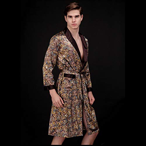 Mens Nightshirts Men's Artificial Silk Pajamas Men's Mid-Length Home Pajamas Long-Sleeved Home Wear Navy Blue XXL (Coffee XX)2