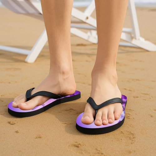 Unisex Beach Flip Flops, Purple Butterfly Design, Black Straps3