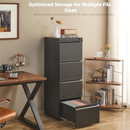 Image of Guizeeopo Metal File Cabinet with Lock, Vertical 4 Drawer File Cabinets for Home Office, Heavy Duty Office Storage Cabinet for A4 /Letter /Legal Size, Assembly Required(Black)
