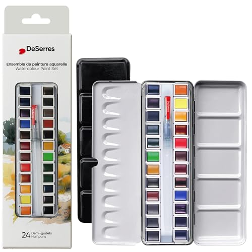 DeSerres - Watercolor Paint Set with Metal Case - 24 Colors in Block - 1 Water-Fillable Brush, Plastic Palette (24 x 11 cm) - 15 Wells for Color Mixing - Half Pans - 201349 by DeSerres - Used condition - CA$23.45