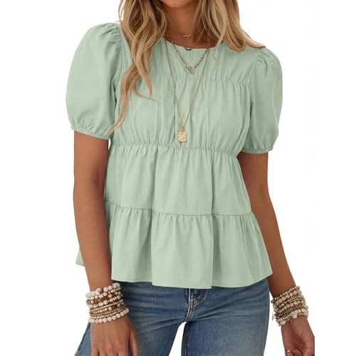 Rapbin Womens Puff Short Sleeve Babydoll Tops Summer Peplum Pleated Cotton T Shirts Casual Loose Fit Flowy Blouses