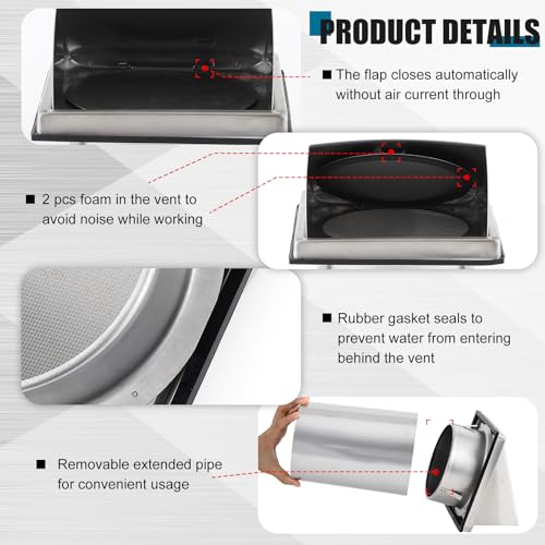 Image of Gisafai 6 inch Dryer Vent Cover Outside with Stainless Steel Guard Wall Dryer Exhaust Cap and Removable Extended Pipe Vent Shroud Hood Cushioned Non Return Flap with Sealing Gasket Grille(Silver)
