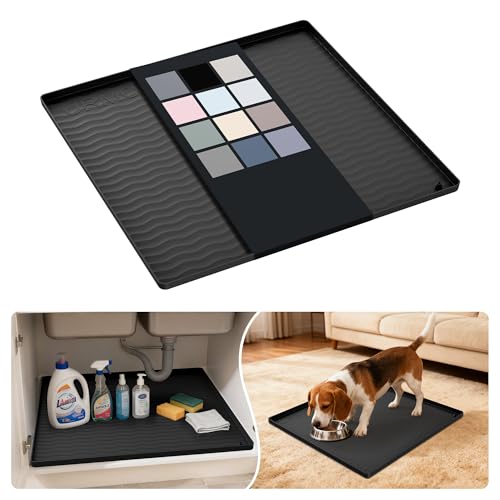 Image of URMONA Waterproof Silicone Under Sink Mat 19'' x 19'' Shelf Liner for Kitchen and Bathroom, Cabinet and Counter Protector, Storage and Organizers, Litter Mat, Pet Cat Puppy Essentials(Black)