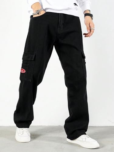 OYOANGLE Men's Cargo Jeans Embroidered Flap Pocket Straight Leg Denim Cargo Pants3