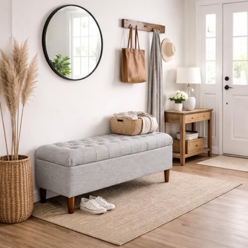 Image of HomePop 40 inch Ainsley Button Tufted Storage Bench - Gray Woven