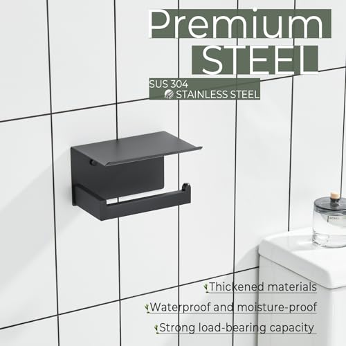 Image of KOKOSIRI Black Toilet Paper Holders with Shelf Bathroom Toilet Paper Roll Holder Matte Black Stainless Steel Wall Mounted, 2 Pack, B2010BK-P2