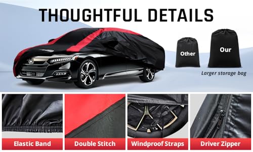 Image of Honda Accord Car Cover Waterproof All Weather with Red Strip Design, Custom Fit for Honda Accord 1998-2025, Accord Accessory with Door Zipper & Windproof Straps