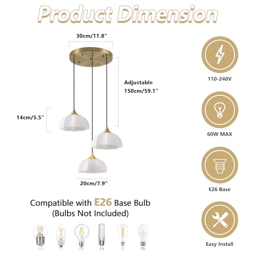 Image of 3 Lihgt Minimalist Style Ceiling Hanging Lamp 7.8 inch White Dome Glass Lampshade Brass Finish Ceiling Light Nordic Retro Pendant Light for Kitchen Island Bedroom Bedside