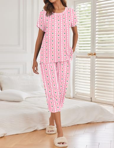 Image of Ekouaer 2 Pack Womens Pajamas Sets Short Sleeve Tops and Capri Pants Pjs Colorful Printed Sleepwear Sets