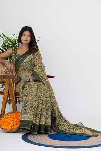 Image of MIRCHI FASHION Women Saree Cotton Blend Leaf Printed | Traditional Festive and Occasional Sari with Unstitched Blouse
