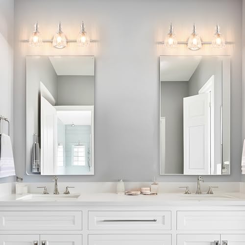 Image of Brushed Nickel Vanity Light, Antique Bathroom Vanity Light Over Mirror, 3 Light Lighting Fixture with Flower Glass Shade, Farmhouse Sconces Wall Lighting for Hallway Living Room Bedroom