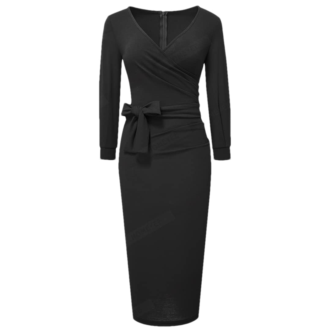 Adhdyuud Vestido elegante de color sólido con cordones para mujer, vestido formal de oficina de negocios, Negro, M