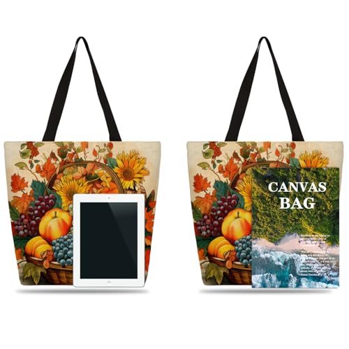Fruit Basket Apples Grapes Sunflowers Large Capacity Canvas Tote Bag Stylish Handheld Shoulder Bag Reusable Shopping Bag for Work Travel Beach Trips Shopping4