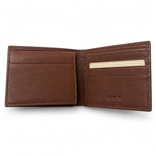 Image of SOVANO Genuine Leather Wallets for Man Original Bi Fold Slim Mens Wallets Design with RFID Protection ID Window Easy Access 6 Card Slots 2 Hidden Pockets Compact Gift for Men (Tan)