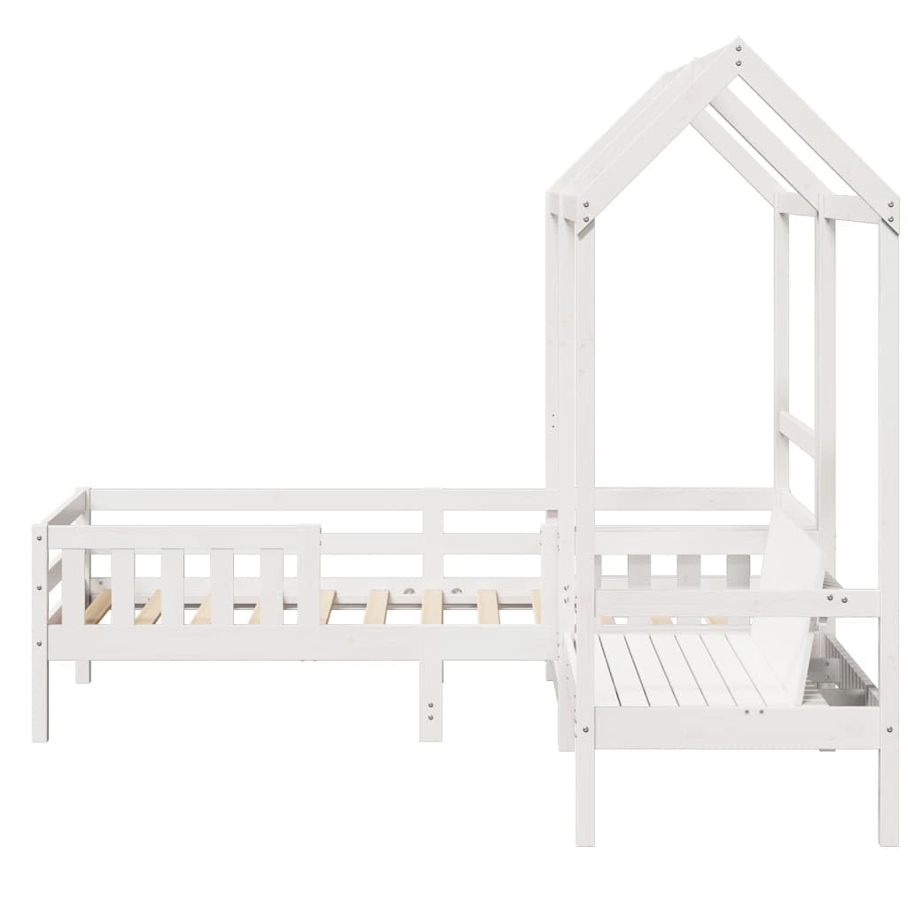 Giroletto Bianco con Panca e Tetto 80x200cm Legno Massello Pino Letto per Bambini con Sponde Schienale Telo Tenda per Cameretta Divertente Design Moderno