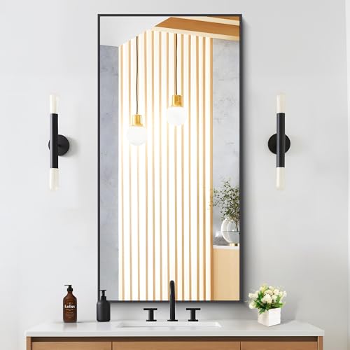 Image of DESBING Black Bathroom Mirror for Wall, 24x48 Inch Rectangle Mirrors with Metal Frame, Modern Vanity Wall Mirror Decor for Entryway Hangs, Bathroom Living Room Horizontal or Vertical