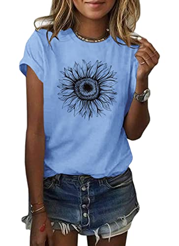 T-shirt à manches courtes pour femme bleu fini les hauts ternes avec le motif tournesol