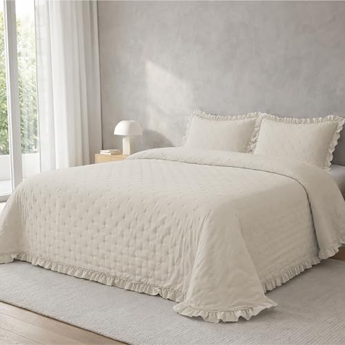 Victorio & Lucchino – Colcha Lavada Termosellada con Volante – Incluye Fundas de Cojín – Colcha Decorativa Moderna (Amara - Beige, Cama 105 cm)