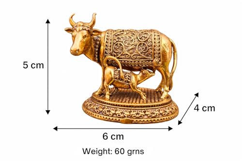 Image of Kamdhenu Cow with Calf Idol in Brass for Home Temple | Gau MATA Murti for Pooja, Vastu & Prosperity | Small Decorative Cow Statue for Office, Gift & Spiritual Decor (2 Inch(60 Gram))