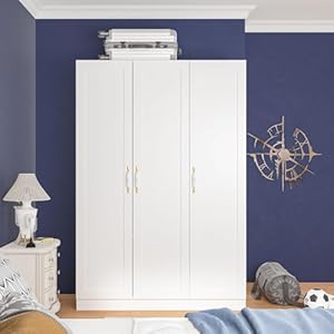 FAMAPY 3 Door Wardrobe Closet with Ceramic Handles, Armoire Wardrobe Closet with Hanging Rod, Armoire with Shelves, for Bedroom White (47.2”W x 18.3”D x 69.6”H)