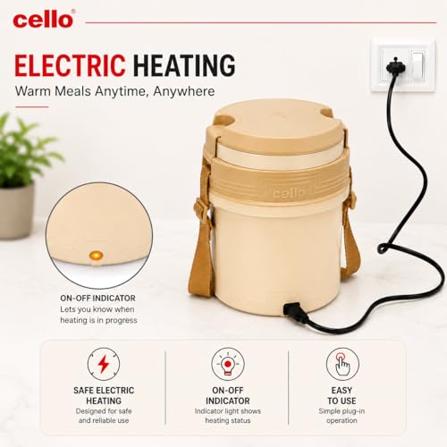 Image of CELLO Newton 3 Tier Compartment Stainless Steel Electric Lunch Box For Office Use, Beige | Shock Proof & Cool Touch Outer Body, Rubber Grip Lift Handle Leakproof Stainless Steel Electric Lunch Carrier
