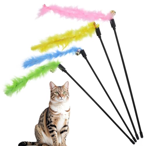 Tweruna 4 PCS Cat Feather Wand, Interactive Cat Wand Toys, Multicolor Feather Cat Toy with Bell, Soft Feathers Teaser Toy for Cats Kitten Kitties