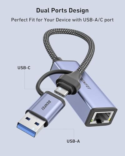 Image of BENFEI USB 3.0 to Ethernet Adapter, USB C to RJ45 Gigabit LAN (1000Mbps) Network Adapter, Compatible with MacBook /Pro /Air, Surface Pro, Windows 11 /10 /8 /7, Mac OS [Aluminium Shell&Nylon Cable]