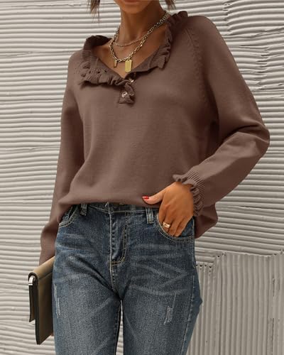 BTFBM Womens Sweaters Fall Winter Clothes 2025 Long Sleeve Button Down Ruffle Crew Neck Casual Knitted Pullover Tops4