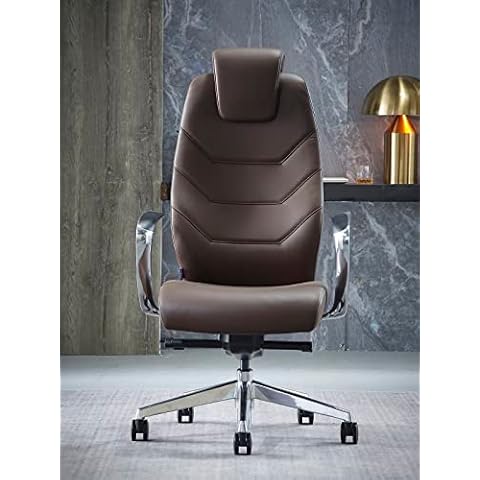 FURIJING Genuine Leather Office Chair with High Back Aluminum Swivel Base Ergonomic Synchro-Tilt Reclining Mechanism Real Leather Executive Chair- Dark Brown Cover