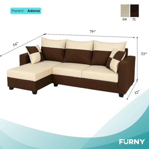 Image of FURNY Arissa 4 Seater Fabric LHS L Shape Sofa Set with Exta Cushions (Cream-Dark Brown) Premium Velvet Finish | Ideal of Living Room