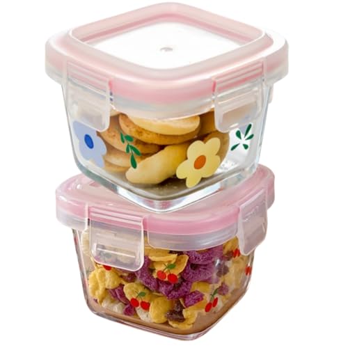 Ivymei 2 Pack Mini Square Glass Containers with lids,Small Floral Food Storage Contaiers Glass Food Jars for Food Portion,Dipping Sauce,Snack,Yogurt,Leakproof,Microwave Freezer Safe