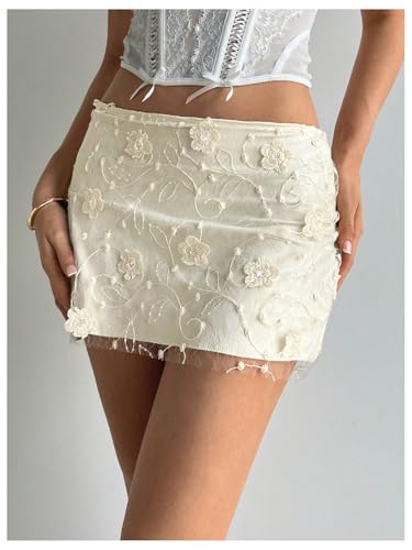 MakeMeChic Women's 3D Flower Embroidery Skirt Low Waist Bodycon Elegant Mini Skirts4