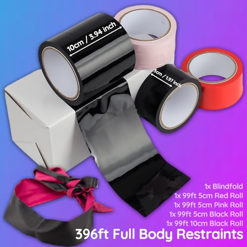 120m Bondage Tape Set BDSM Sex Tape, 30m x 4Rollen Ohne Kleber Elektrostatisches Restraints Tape mit Satin Augenmaske, PVC Static Electrostatic Tape (Breite: 10cm x 1Rollen + 5cm x 3Rollen)