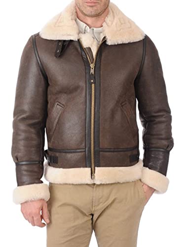 ZA Fashion Cloud Men RAF B3 Bomber Shearling Sheepskin Brown Leather Aviator Jacket