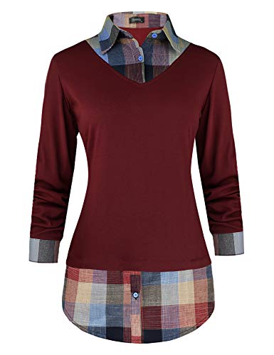 Image of Oyamiki Women's Casual Collared Curved Hem 2 in 1 Pullover Tops Plaid Contrast Shirt Blouse