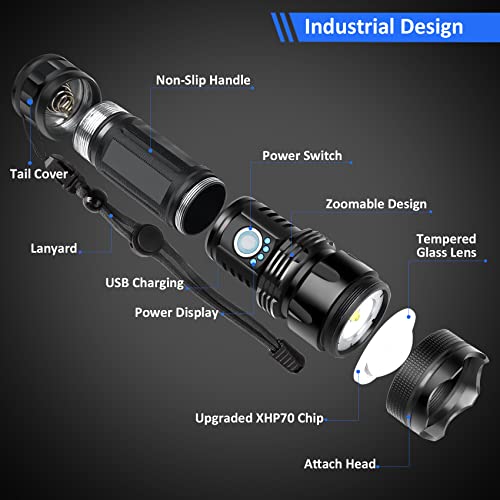 Axrunze Rechargeable Flashlights High Lumens, 100000 Lumen Super Bright Handheld Flashlight, Xhp70 Powerful Flashlights With 5 Lighting Modes, Zoomable, Ipx5 Waterproof For Hiking, Camping #TOP6