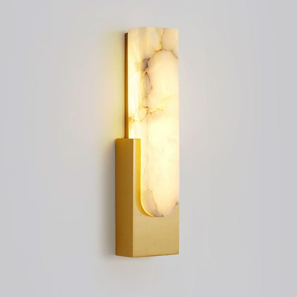 GUOGUOSM Medieval Style LED Wall Sconce, 13.7in Alabaster Brass Wall Lamp, Natural Marble Wall Light, Living Room Dressing Table Corridor Wall Mounted Decorative Lighting Fixtures