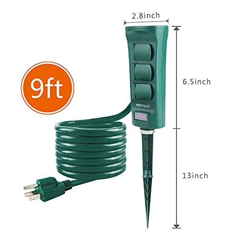 oviitech 6-Outlet Outdoor Yard Power Stake with Weatherproof Cover and ON/Off Switch,9 Ft Long Extension Cord Power Strip, Weather Resistant, ETL Certified, Green