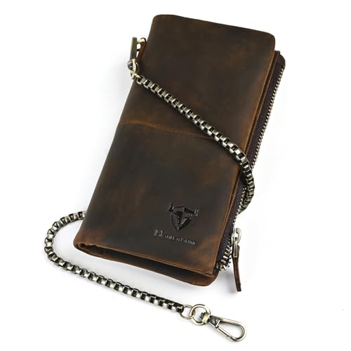 Genuine Crazy Horse Leather Travel Gift Coin Pocket Card Case Long Organizer Chain Rfid Wallet Purse With Snap For Men Male 1029 (1029 Brown)