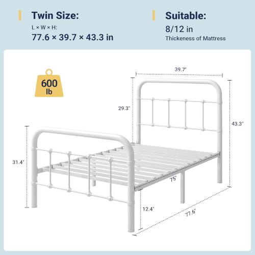 Image of Allewie Twin Size Metal Platform Bed Frame with Victorian Style Wrought Iron-Art Headboard /Footboard, No Box Spring Required, White
