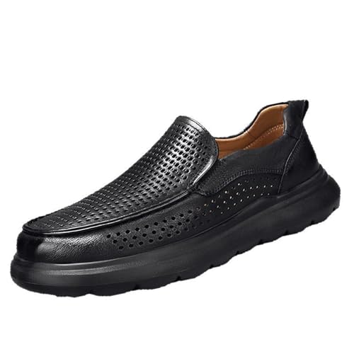 Men's Leather Platform Loafers Fashion Round Toe Breathable Hollow Casual Walking Shoes Comfortable Non-Slip Slip-on Driving Loafers