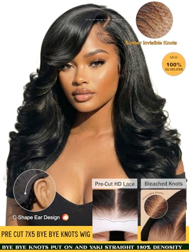 Image of Sunber Loose Body Wave 7x5 Lace Bye-Bye Slip Glueless Wig Feathered Layer Left Side Part 200% Density Wig with Secure Silicone Strips and Drawstring Pre Cut Lace Pre Bleached Invisible Knots 22Inch
