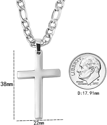 OUMI Cross Necklace for Men Women- Stainless Steel Pendant with 3:1 Figaro Chain -Silver 4/5/6 mm Width