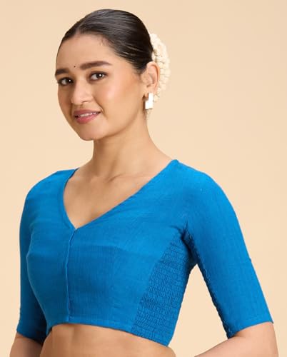Image of Studio Shringaar Women's Thick Handloom Cotton Plain Side Stretch (Smocked) Readymade Saree Blouse