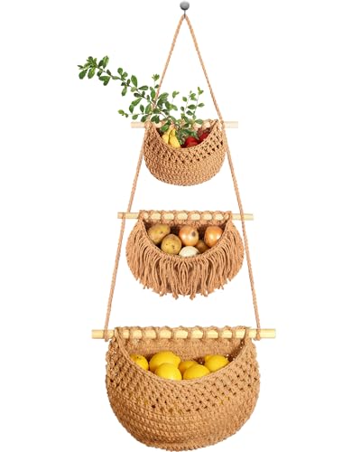 wymulot 3 Tier Hanging Fruit Basket, Jute Wall Baskets, Hanging