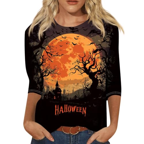 Image of Women Spooky Halloween Graphic Shirt 3 /4 Length Sleeve Crewneck Top | Halloween Funny Printed Pumpkin Plus Size Tshirts 2026 Fall Outfits Skeleton Tee Going Out Tops
