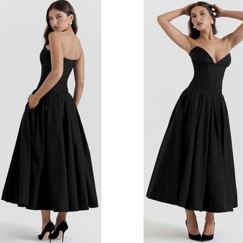 Milkmaid Dress, Cocktail Dress,Length Off Shoulder Sleeveless Dress, Low-Cut Sleeveless Pleated Flowing Dress3